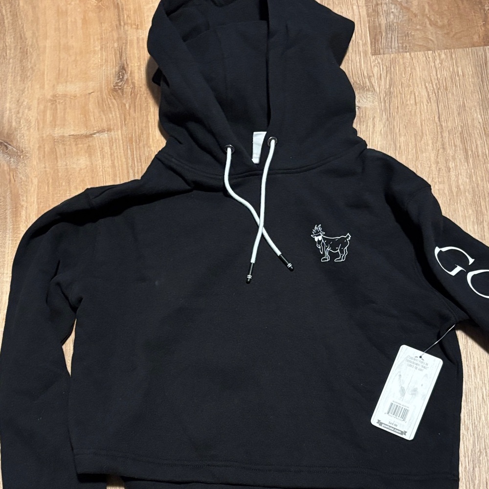 Womens Goat USA Black Crop Hoodie with Goat design and name brand on sleeve